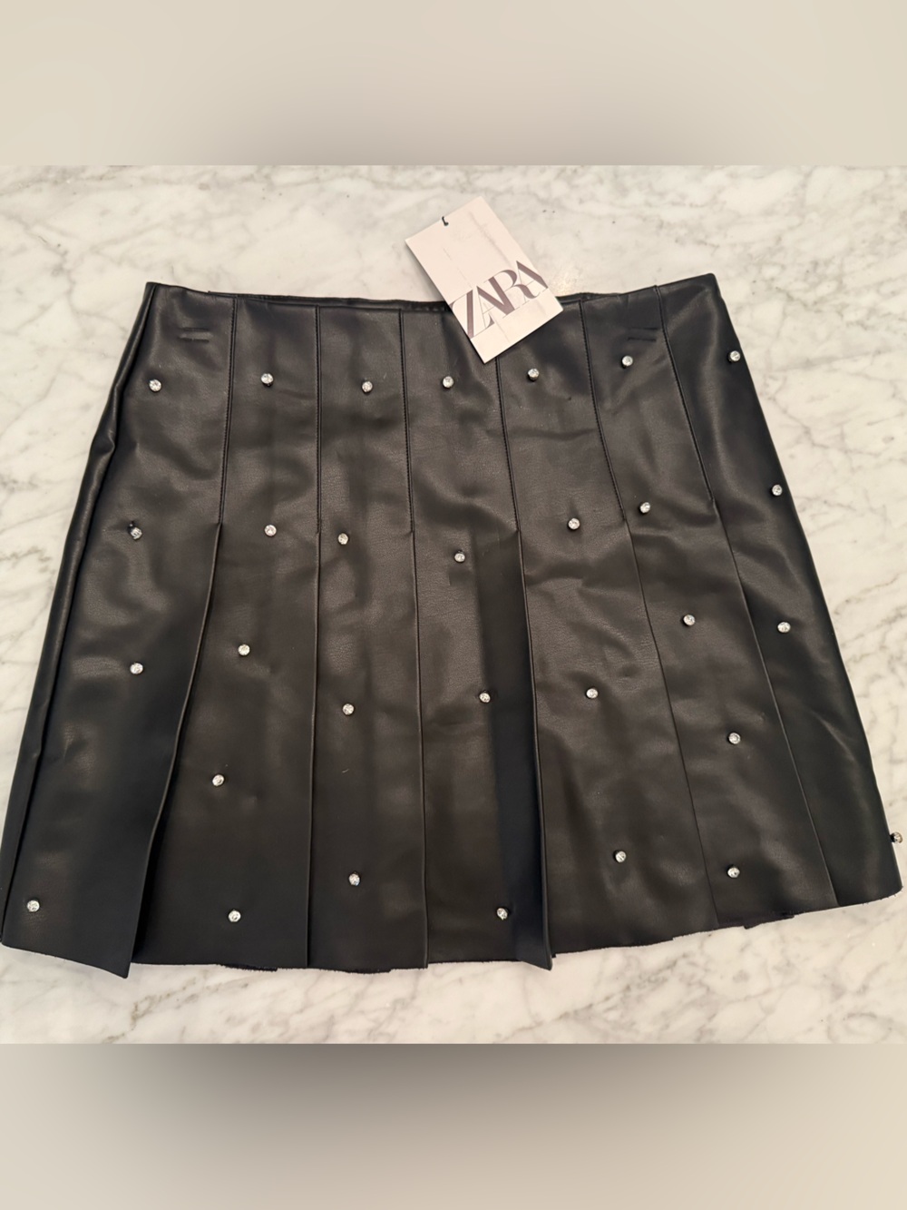 **NWT** ZARA Black Faux Leather Mini Skirt with Diamond Stud Details